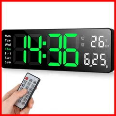【特価商品】卓上 壁掛け 大文字 大型 目覚まし時計 気温/日付表示 デジタル時計 アラーム カウントダウン カウントアップ 13インチ大画面 ストップウォッチ リモコン付き USB給電 Koolertron 明るさ調節でき グリーン リビングルーム/キッチン