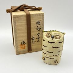 【未使用】織部 みみずく香合　伊村徳子　共箱入　茶道具　茶器　香道具　陶磁器