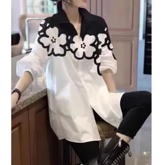 【ホワイト★XL】花柄 レディース 長袖 シャツ ブラウス 　ビッグプリント　大きめ　体型カバー