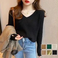 袖ボタン付きリブニット レディース カジュアル 10代 20代 30代 韓国ファッション 韓国 春 秋服 無地 長袖 Vネック 上品 キレイめ