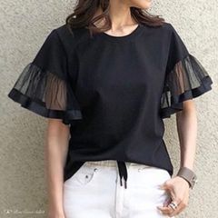 【新品未使用】チュール　ボリューム袖　異素材　Tシャツ　黒