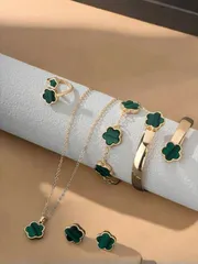 ジュエリー レディース セット ファッショナブルでクラシックなラッキーグリーンの花びらデザインブレスレットネックレスピアスセット1セット