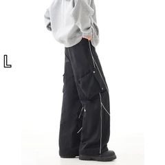 grancy】ボタンレイヤードデザインナイロンパンツ ブラック Lサイズ