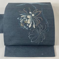 名古屋帯 美品 秀品 紬地 花 刺繍 青灰色 正絹 【中古】