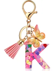 特価　おしゃれ アルファベット キーリング 可愛い ピンク イニシャル文字 キーホルダー リールストラップ タッセル付き 女性 財布 バックパック用 [Looking] チャーム