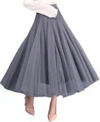 Dep Club チュールスカート ロング レディース 膝丈 大きいサイズ ゆったり ふんわり 裏地付き 透けない レース フリル 演奏会(グレー,  Free Size)