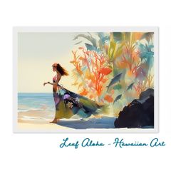 ハワイアンアート A4額付き｜海辺の風景と癒しの希望 No.01 Leaf Aloha