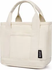 MT's SHOP 母の日 ミニトートバッグ ランチバッグ 仕切り キャンバス マチ広 弁当 水筒収納( ホワイト,  ワンサイズ)