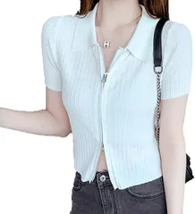 ASUMINARI(アスミナリ) AS80 襟付きカットソー ニット ダブルジップ 半袖 ジップアップ ショート丈 F( ホワイト,  Free Size)