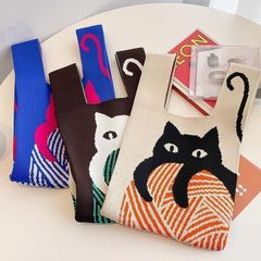 ハンドバッグ ミニ ネコ柄 猫柄 ねこ レディース 鞄 厚手 手提げ ベージュ ブラウン 茶色 青 ブルー 黒猫 白猫 ピンク猫 カジュアル サブバッグ 女の子 可愛い 韓国 個性的 シンプル 縦型 縦長 使いやすい 手持ち 母の日 安い 動物 ペットボトル◎