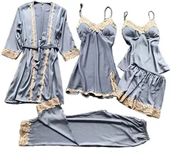 ADOSSY 母の日 ランジェリー パジャマ レディース 5点セット スリップ キャミソール( ブルーグレー,  M)