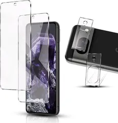 JACRON 4枚セット Google Pixel 8 ガラスフィルム 2枚 + カメラフィルム 2枚指紋認証対応 ピクセル8 保護フィルム 旭硝子製素材 硬度9H ラウンドエッジ加工 ケース対応 高光沢(AQAA-34,  AQAA-34)