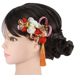 髪飾り 成人式 つまみ細工 ゴールド 振袖 前撮り 袴 花 赤 オレンジ 朱色 ピンク 白 ちりめん 房 組紐 ビーズ 和柄 小さい 2点 No.9-5642