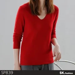 美品 AZUL BY MOUSSY アズールバイマウジー トップス ニット 長袖 Vネック 無地 ストレッチ フィット感 　レッド　 【SP839-00】 送料無料　古着　レディース