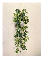 CREATERA フェイクグリーン 吊り下げ 壁掛け 人工観葉植物 ハンギング インテリアグリーン 白ポット 白マクラメ60cm ポトス 全長70cm 1鉢 室内装飾に最適 ナチュラルグリーン 