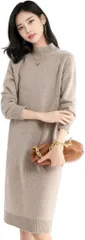 J-Scott ジェイスコット ニットワンピース レディース ひざ丈 長袖 無地 モックネック リブ Iライン シンプル 柔らかい(ベージュ,  L)