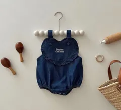 デニムサロペット ロンパース デニム サロペット フリルハート デニム調  オーバーオール 韓国子供服 かぼちゃパンツ ハートサロペット デニムロンパース ベビー服サロペット ロンパース赤ちゃん服 韓国ベビー服 カバーオール ベビー キッズ ダークブルー