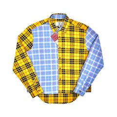 FRANKLIN & MARSHALL フランクリン ＆ マーシャル アシンメトリー タータン チェック フランネル シャツ 黄色 イエロー ライトブルー Mサイズ イタリア ブランド アメカジ ネルシャツ 70年代 アメリカン カレッジ スポーツ スタイル