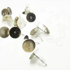 V-034 平皿ピアスピン 10mm & 樹脂ピアスキャッチ 6mmセット【シルバー】各20個 10組 貼り付け ポストピアス ピアスピン シリコンキャッチ バックキャッチ メタル 金属 ハンドメイド アクセサリー パーツ