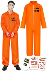 【数量限定】傷シール 長袖 ユニセックス 仮装 つなぎ コスチューム タトゥーシール付き コスチューム 囚人 ハロウィン メンズ コスプレ 4点セット 囚人服オレンジ [COZENRE]