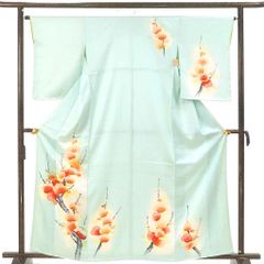 訪問着 身丈162cm 裄65cm 前幅23cm 後幅28cm 袖丈56cm 袖幅34cm レディース 袷 梅柄 裄Mサイズ 秋冬春用 正絹（シルク）ブルー 未使用品 リメイク リユース リサイクル【呉服のきくや】