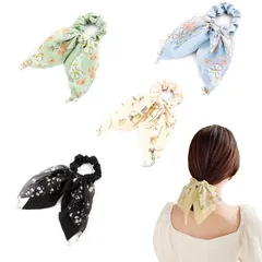 数量限定　大きめ ヘアアレンジ 髪に優しい かわいい リボン髪飾り シルクヘアゴム ロング ベルベット ヘアアクセサリー 髪飾り 蝶結び 頭飾り高弾力束ね髪 リボン髪飾り【4個入り】黒 リボン 4色 ベロア ヘアゴム