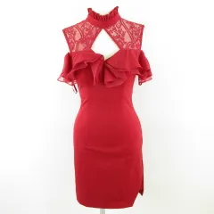 an ミニドレス タイトワンピース 肩見せ レース ストレッチ 赤 ボルドー S *A403