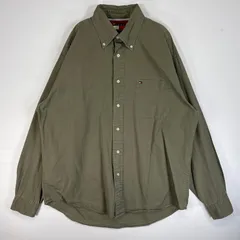 古着 90's/90年代 トミーヒルフィガー TOMMY HILFIGER 長袖シャツ ロゴ 刺繍 胸ポケ ボタンダウン L  カーキ系 無地 メンズ