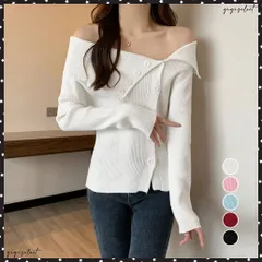 ニットトップス オフショルダーリブニットレディース セクシー ニットセーター 肩見せ 無地タイトニット フロントボタン 春秋冬 前開き おしゃれニットカットソーシンプルリブニット 長袖リブニット韓国 カジュアル ニット