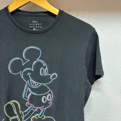 古着 S Tシャツ Disney ディズニー Mickey Mouse ミッキーマウス ネオン クルーネック 黒