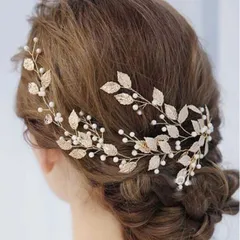 新品　ヘアアクセサリー　髪飾り　ウェディング　卒業式　リーフ　花　成人式　ヘア　アクセサリー　ヘッドドレス　フラワー　かわいい　綺麗　パール　ゴールド　ゴージャス　お呼ばれ　イベント　行事　レディース　女　女子　葉っぱ　かわいい　まとめ髪　浴衣　お祭り　着物