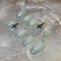 ㉞【ネイルチップ】ジェルネイル シアーホワイト ホワイト ミルキー ラメ グラデ シルバー クロス 十字架 ストーン 大人ネイル  ワンポイント 派手すぎない オリジナル サイズ変更可 オーダー受付中