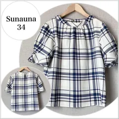 A0147【美品♪】Sunauna スタンドネックチェックブラウス XS(SS) 半袖　ブラウス B090のサムネイル