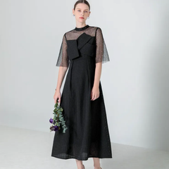 Leja  レジャ　ビスチェ風 切り替え プチハイネック 花柄 シアー レース　ドレス　ワンピース　黒　ブラック　L  結婚式　ブライダル　パーティ　オケージョン