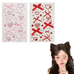 YANHUILAY 顔 シール【2枚セット】ラインストーン フェースステッカー ハート リボン かわいい 自己粘着性3D 光る キラキラ シール 貼り付け簡単 DIY ネイルデコパーツ 顔面デコ 携帯電話装飾用 DIY用品 1
