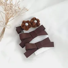 お花とリボンのヘアクリップ チョコレート 《3個セット》 ラプティフルール キッズ ベビー キッズヘアアクセサリー キッズアクセサリー キッズピン ヘアピン   ブラウン 茶色 茶 brown  秋 冬 モールヤーン ベロア 誕生日 出産祝い プレゼント