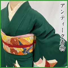 503aa2◇アンティーク着物 緑 抽象柄 金彩 レトロモダン 大正ロマン 昭和レトロ 和洋MIXコーデ ジュニアにも◇状態良好