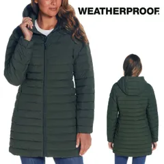 新品 M ★ コストコ Weatherproof ウェザープルーフ レディース ストレッチ 中綿 ジャケット グリーン キルティング コート フード取り外し可能フード付き 撥水 防風 防寒 伸縮 パーカー アウター ブルゾン コート 女性用