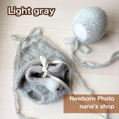 ライトグレー♪透かし編みヘビ帽子&編みロンパース&あみぐるみ ニューボーンフォト