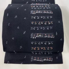 名古屋帯 逸品 猫の合奏 音符 黒 正絹 【中古】
