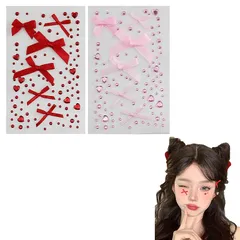 YANHUILAY 顔 シール【2枚セット】ラインストーン シール フェースステッカー ハート リボン かわいい 自己粘着性 3D 光る キラキラ フェイスストーン 顔面デコ ネイルデコパーツ 携帯電話飾り用 DIY用品 0