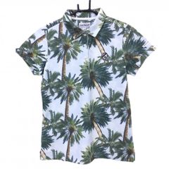 【超美品】ジャックバニー 半袖ポロシャツ ライトブルー×グリーン ヤシの木柄 ロゴ刺しゅう レディース 1(M) ゴルフウェア Jack Bunnyのサムネイル
