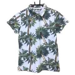 【超美品】ジャックバニー 半袖ポロシャツ ライトブルー×グリーン ヤシの木柄 ロゴ刺しゅう  レディース 1(M) ゴルフウェア Jack Bunny