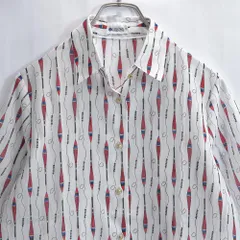 90s〜 CALLORE 棒浮き 総柄 プリント デザイン 半袖 ポリエステルシャツ ジャパンヴィンテージ 浮き釣り フィッシング ホワイト ビンテージ 古着 レディース相当