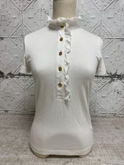 e-144【美品】TORY BURCH トリーバーチ 半袖 ポロシャツ フリル シャツ ホワイト 白 ロゴボタン 金ボタン レディース ファッション サイズXS