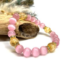 キャッツアイ(ピンク)×ファントムシトリン パワーストーン ブレスレット  (ゴールド) メンズ・レディース　男性・女性　数珠ブレス 開運 [23]