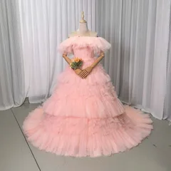 カラードレス オフショルダー フリルドレス チュールドレス 薄ピンク 結婚式 取り外しオフショルダー