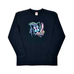 オリジナル ロンT 長袖Tシャツ カラフル ネオン イラスト アート オーロラ レインボー Butterfly バタフライ アゲハ 舞う 蝶々 昆虫 黒 ブラック XS(SS) M L XL(LL) ジャスト オーバー サイズ メンズ レディース ユニセックス