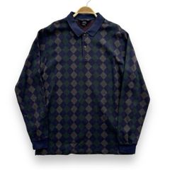 90s 90年代 USA製 アメリカ製  LANDS'END ランズエンド ハーフボタン 総柄 アーガイル柄 長袖 ポロシャツ ロンT 輸入古着 海外古着 US古着 メンズ L【E40】