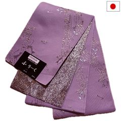 半幅帯（猫と音符柄：パープル系）キラキラ ラメ入り 日本製 ロング 長尺 リバーシブル 細帯 浴衣 着物 小紋 レディース 女性 和装 和服